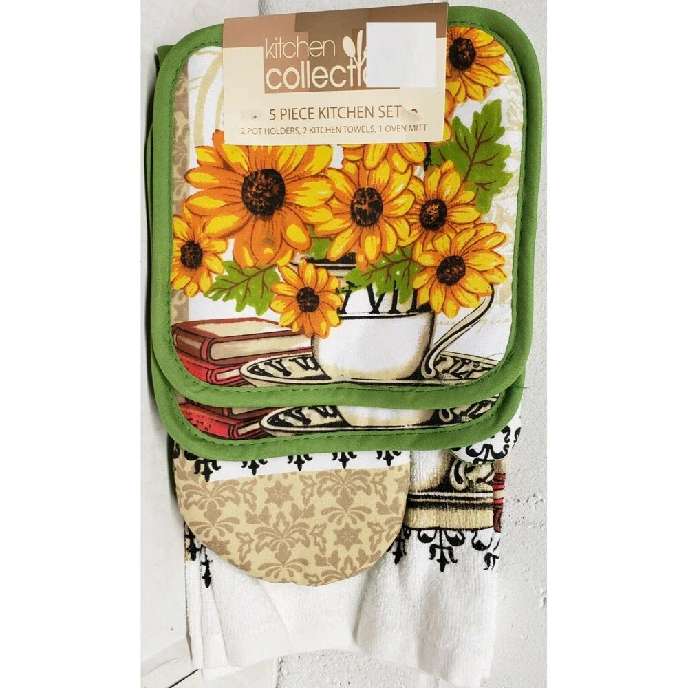 5pc Set: 2 Pot Holders, 1 Oven Mitt & 2 Same Towels, SUNFLOWERS & BOOKS,green,KC
